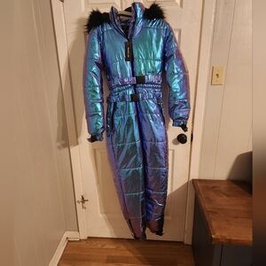 Iridescent Blue Women's Ski Suit with Fur Trim